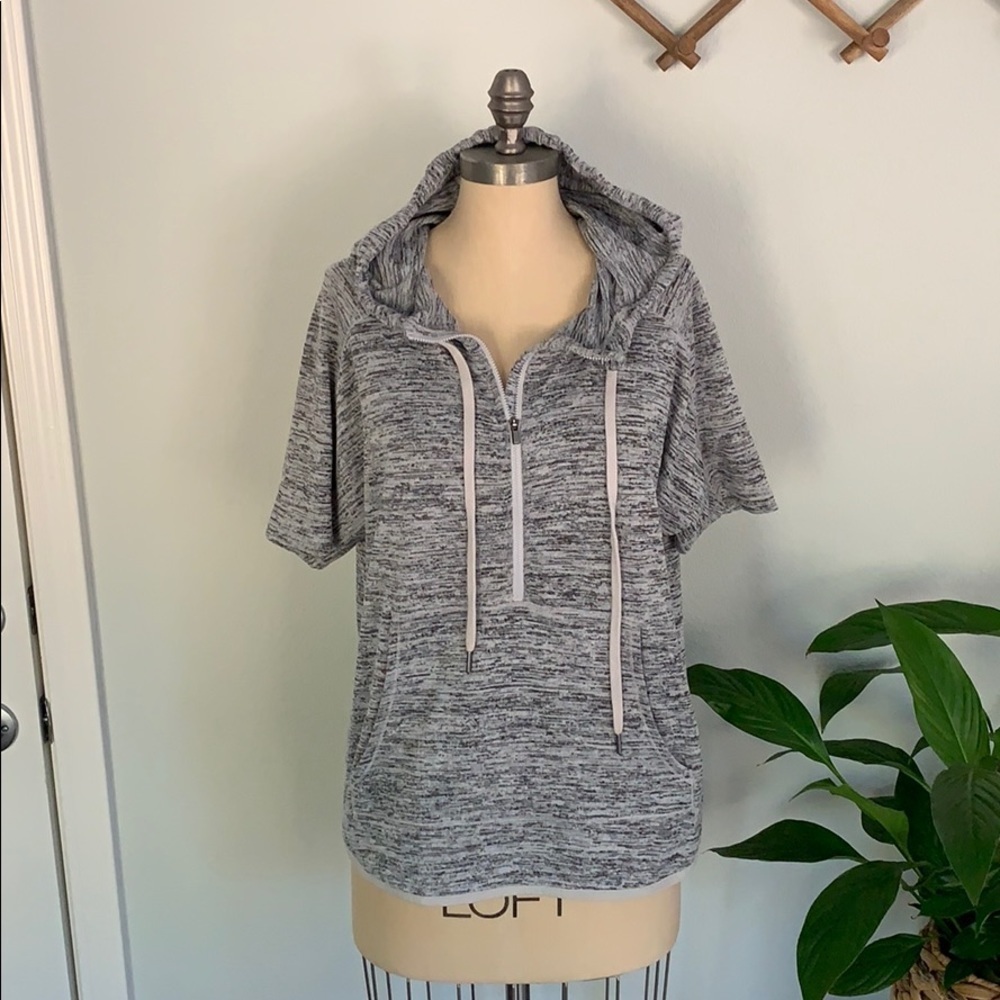 Athleta Short Sleeve Blissful Pullover Hoodie Quarter Zip Gray Marled Sweatshirt